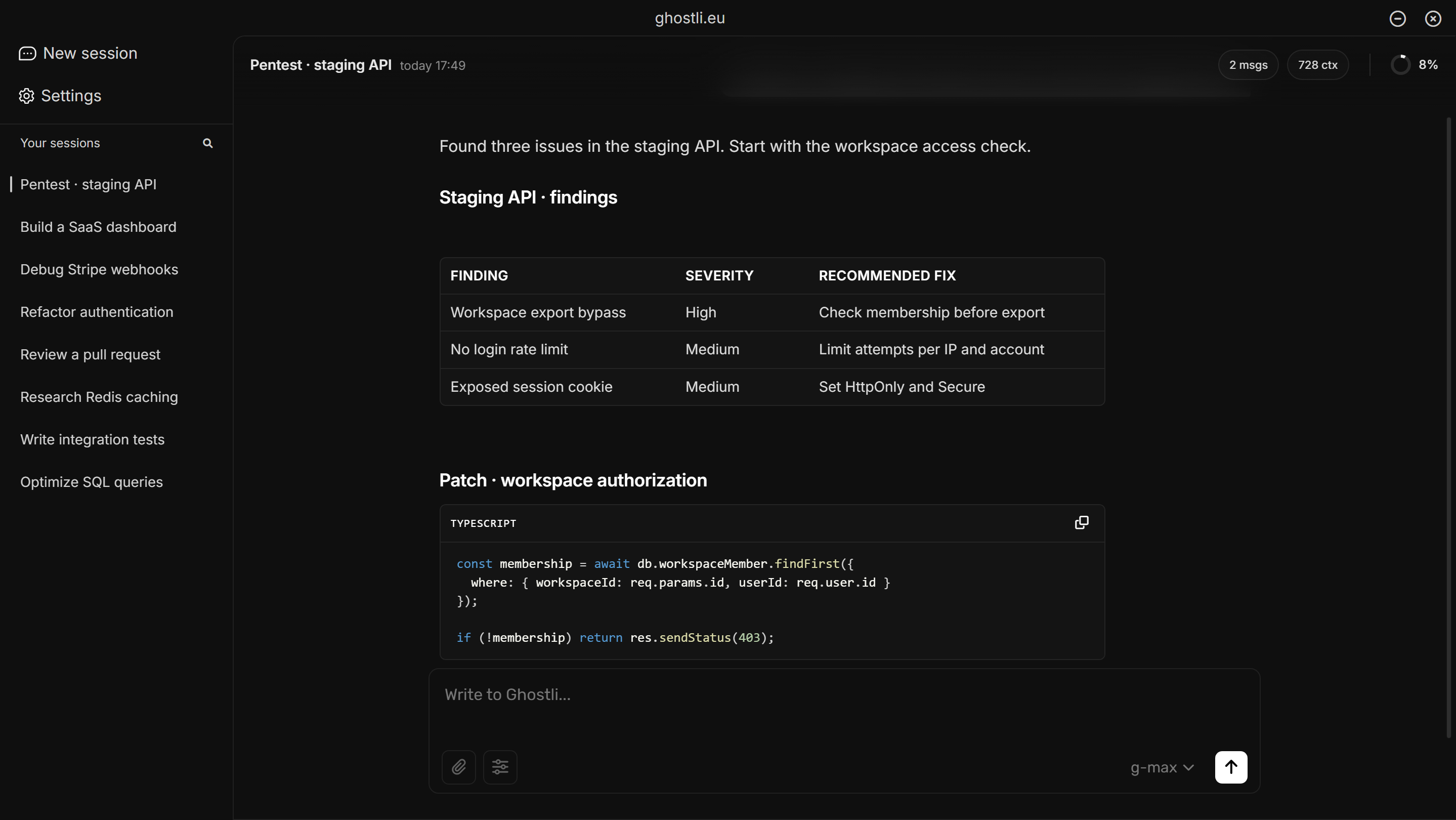 Ghostli demo security review with findings and an authorization fix